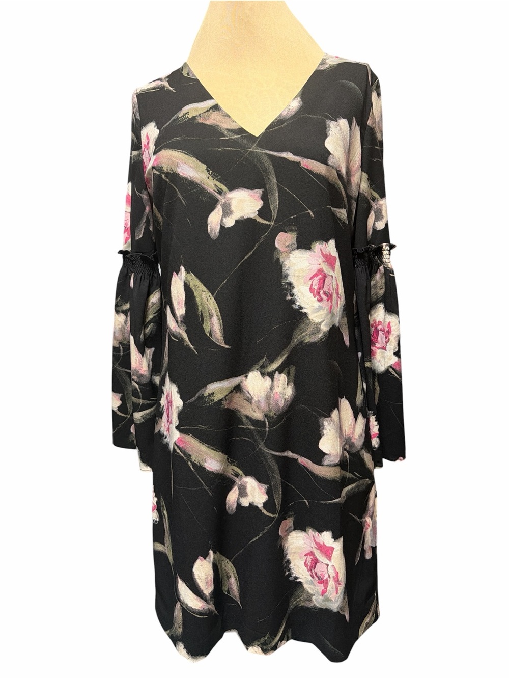 White House Black Market Black Floral V-Neck Dress with Bell Sleeves
